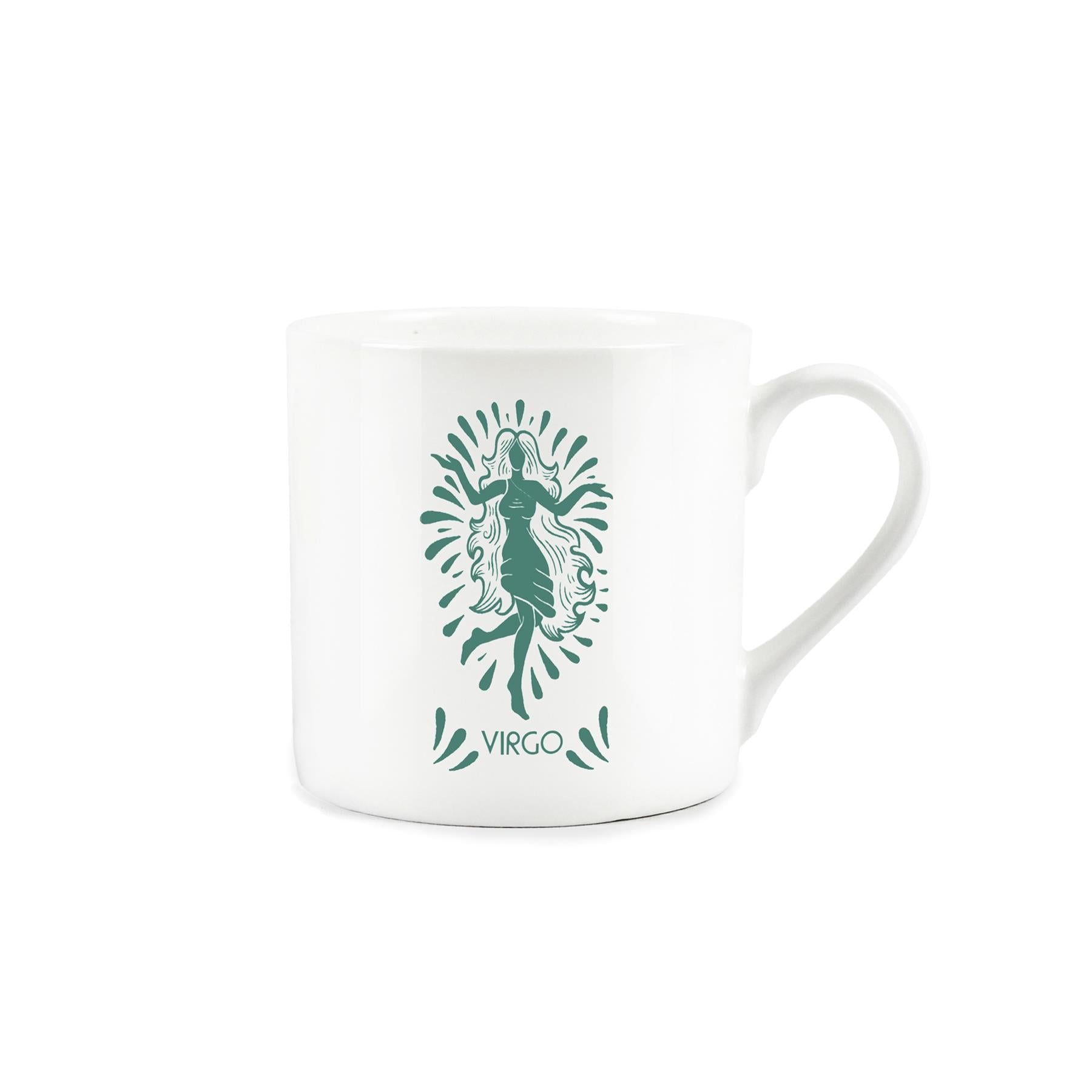 White bone china mug with green virgo print design