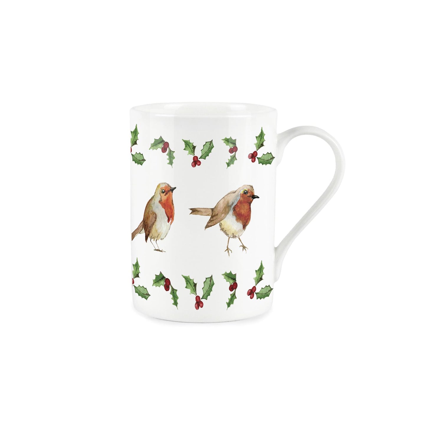 Watercolour colour robins within painted holly banners on a white bone china mug