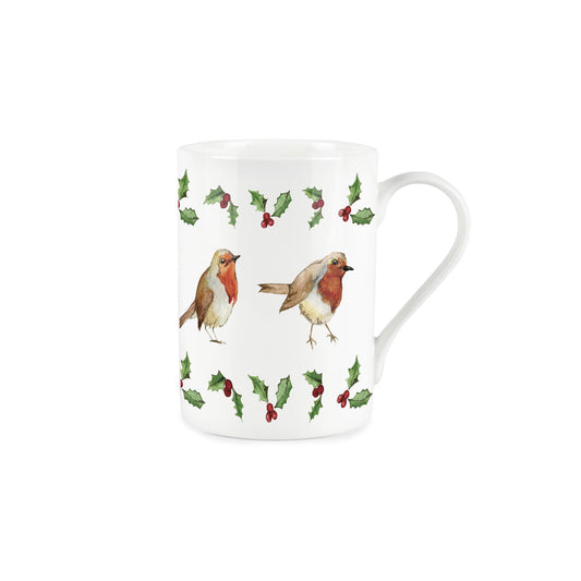 Watercolour colour robins within painted holly banners on a white bone china mug