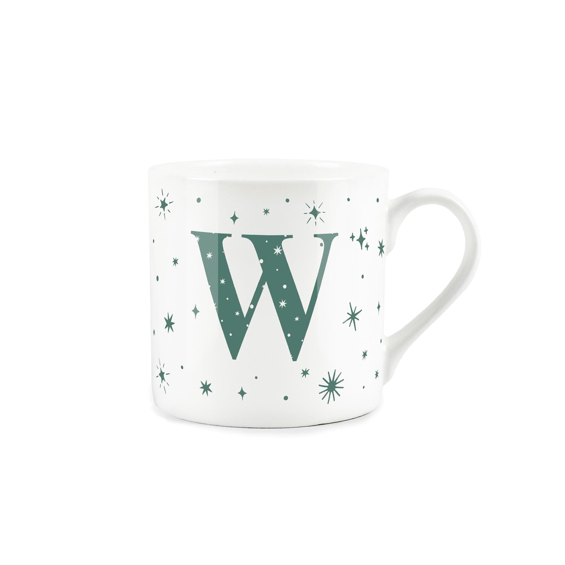 White bone china mug with green stars and letter 'W' alphabet design
