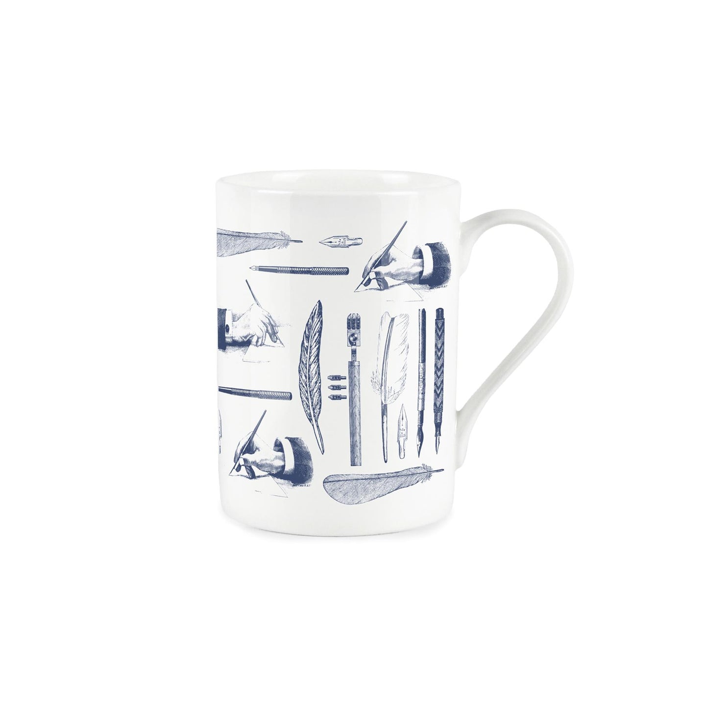 White bone china mug with vintage blue pen and quill design