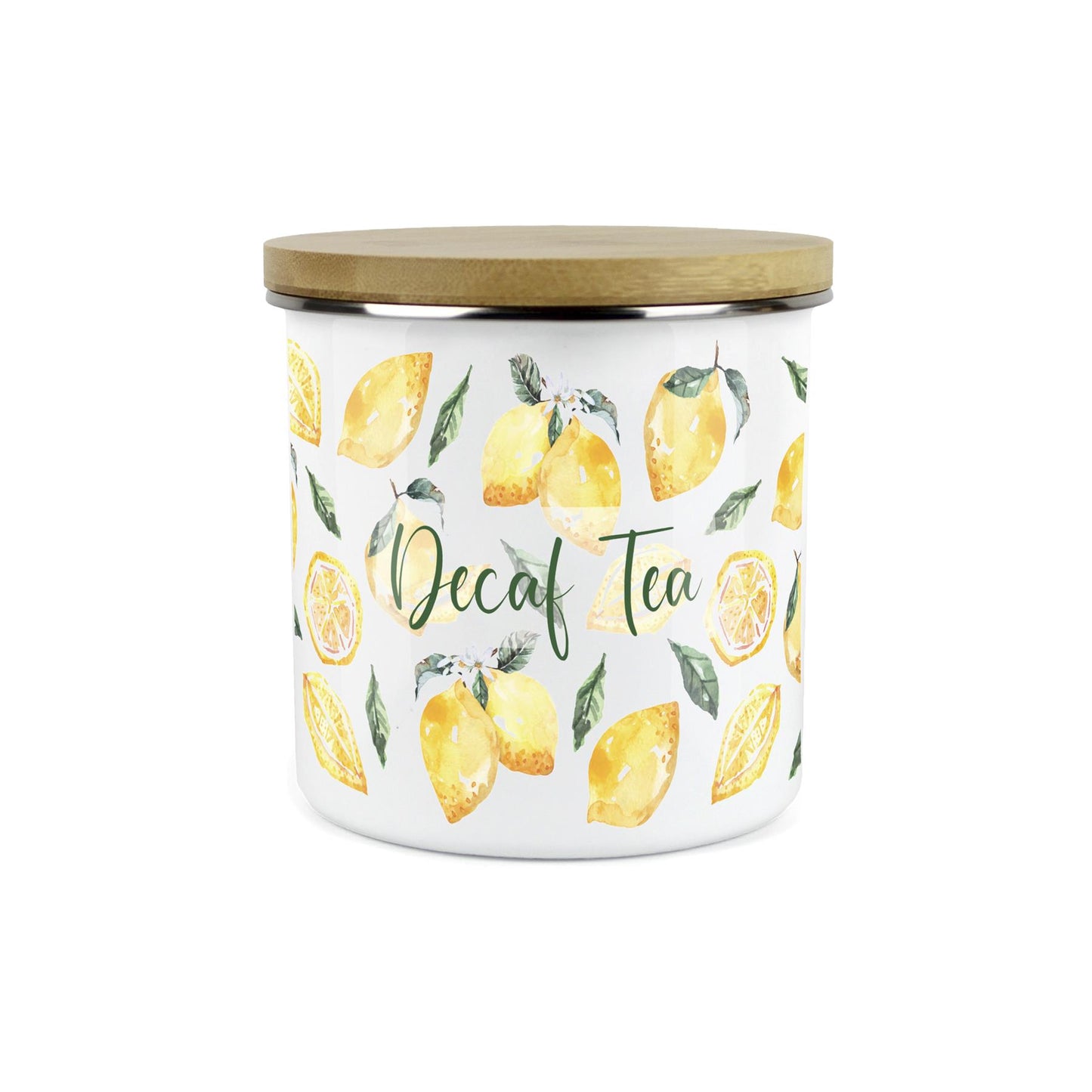Decaf Tea Storage Canister - Watercolour Lemons Enamel Kitchen Storage Jar