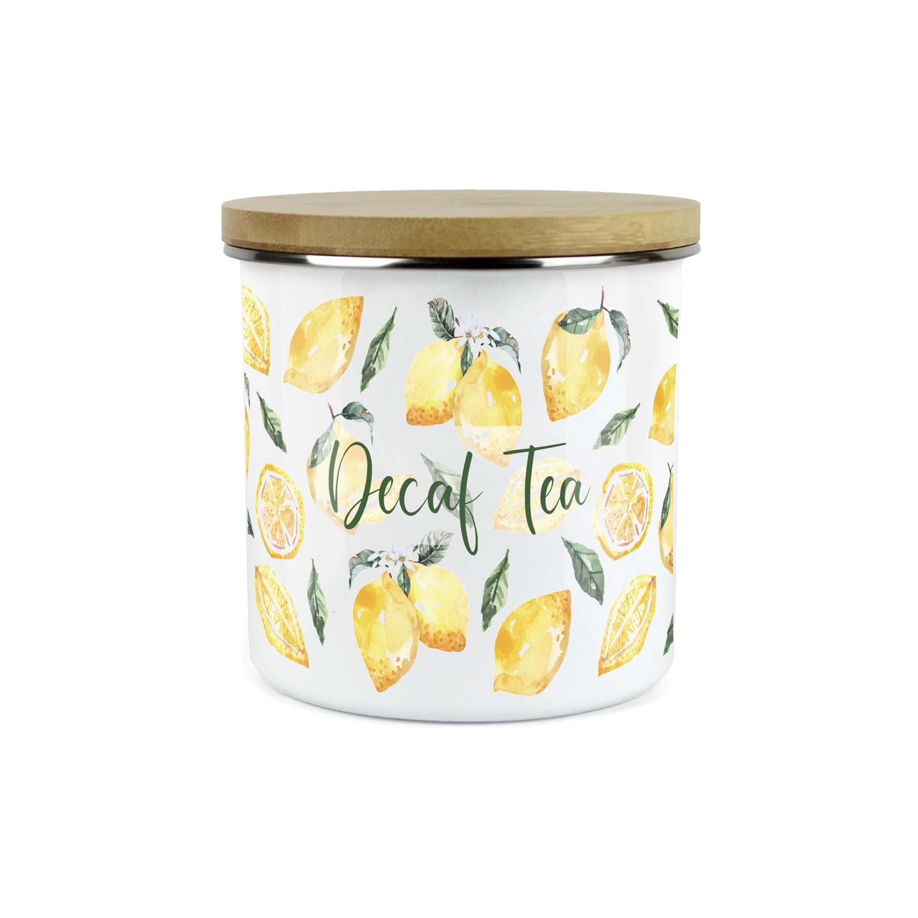 Decaf Tea Storage Canister - Watercolour Lemons Enamel Kitchen Storage Jar