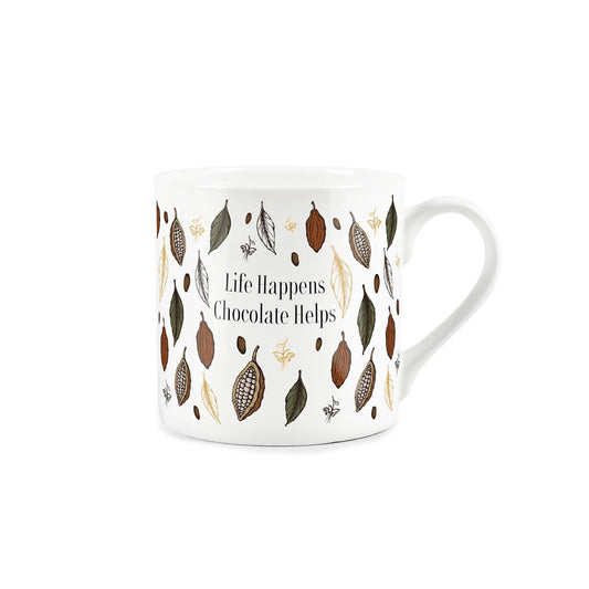 Bone china mug featuring the phrase 'life happens, chocolate helps', surrounded by chocolate pods and leaves