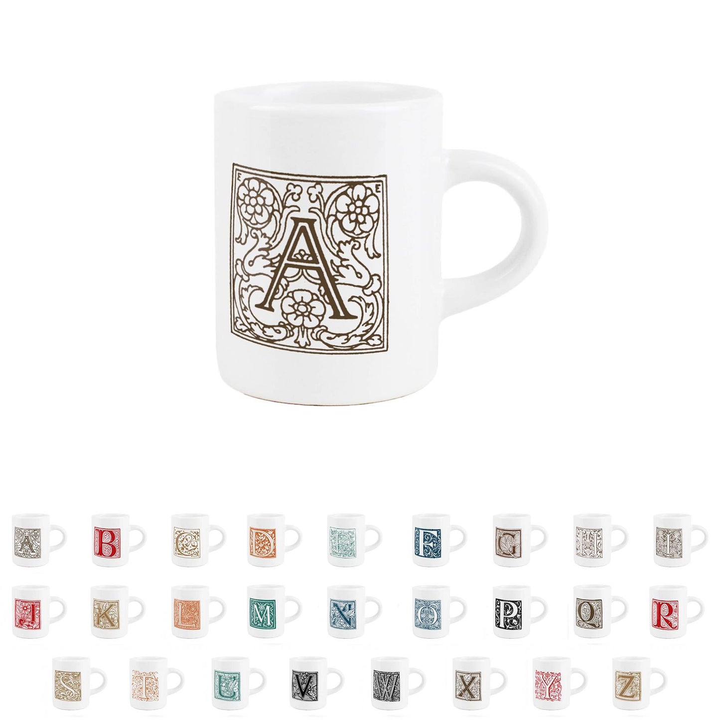 Small ceramic espresso mug with ornamental letter A design