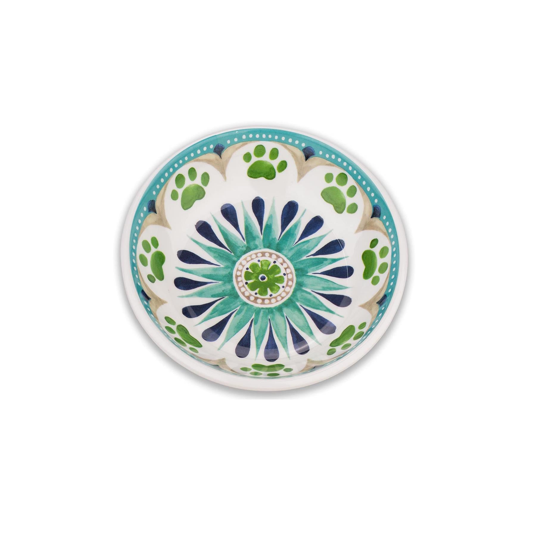 Lightweight melamine saucer with teal flower design. Dishwasher safe, break resistant, with non-skid silicone base.