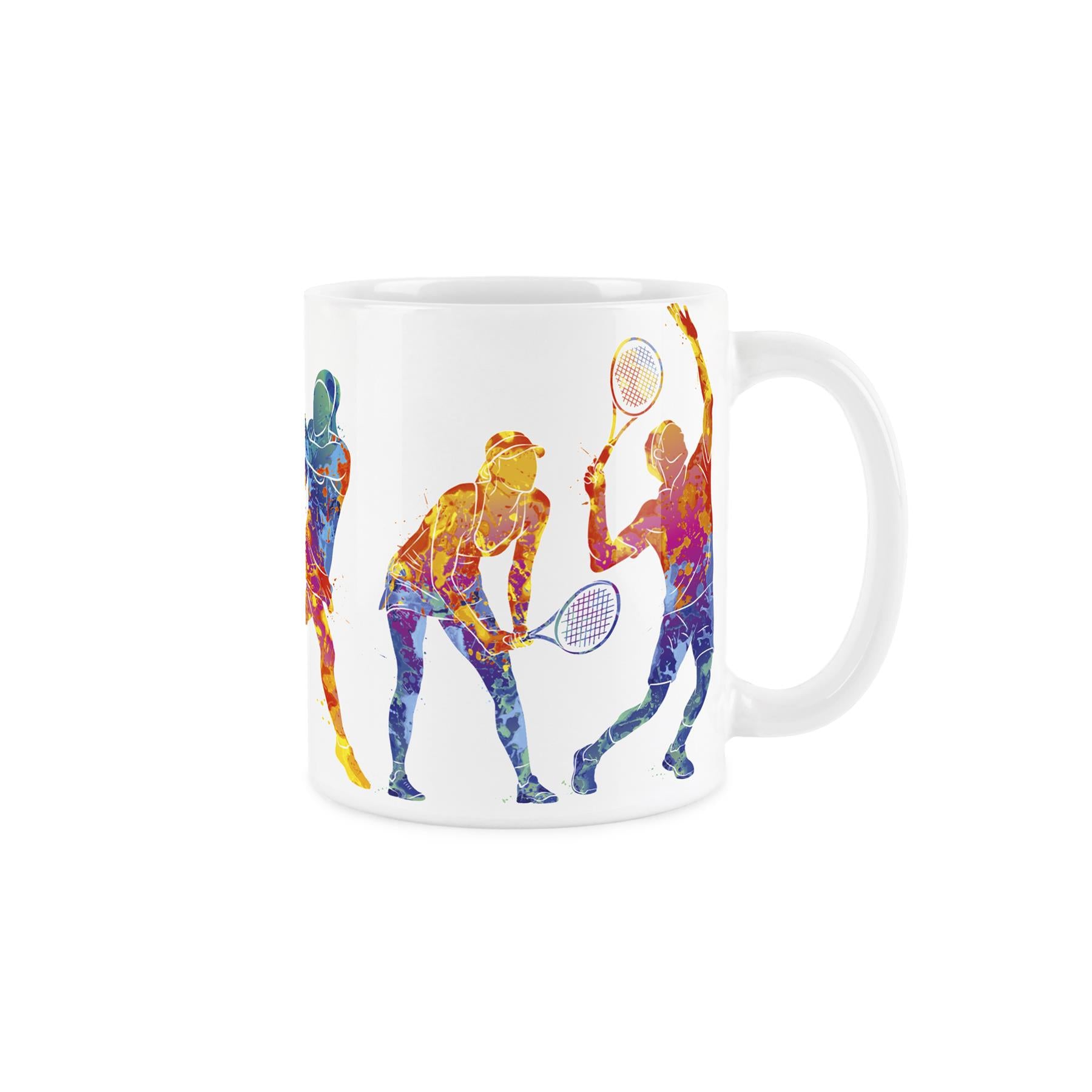 White ceramic mug featuring vibrant, paint-splattered depiction of people playing tennis