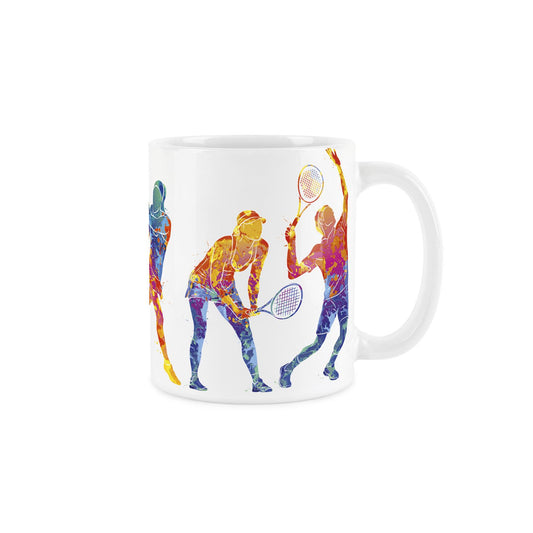 White ceramic mug featuring vibrant, paint-splattered depiction of people playing tennis