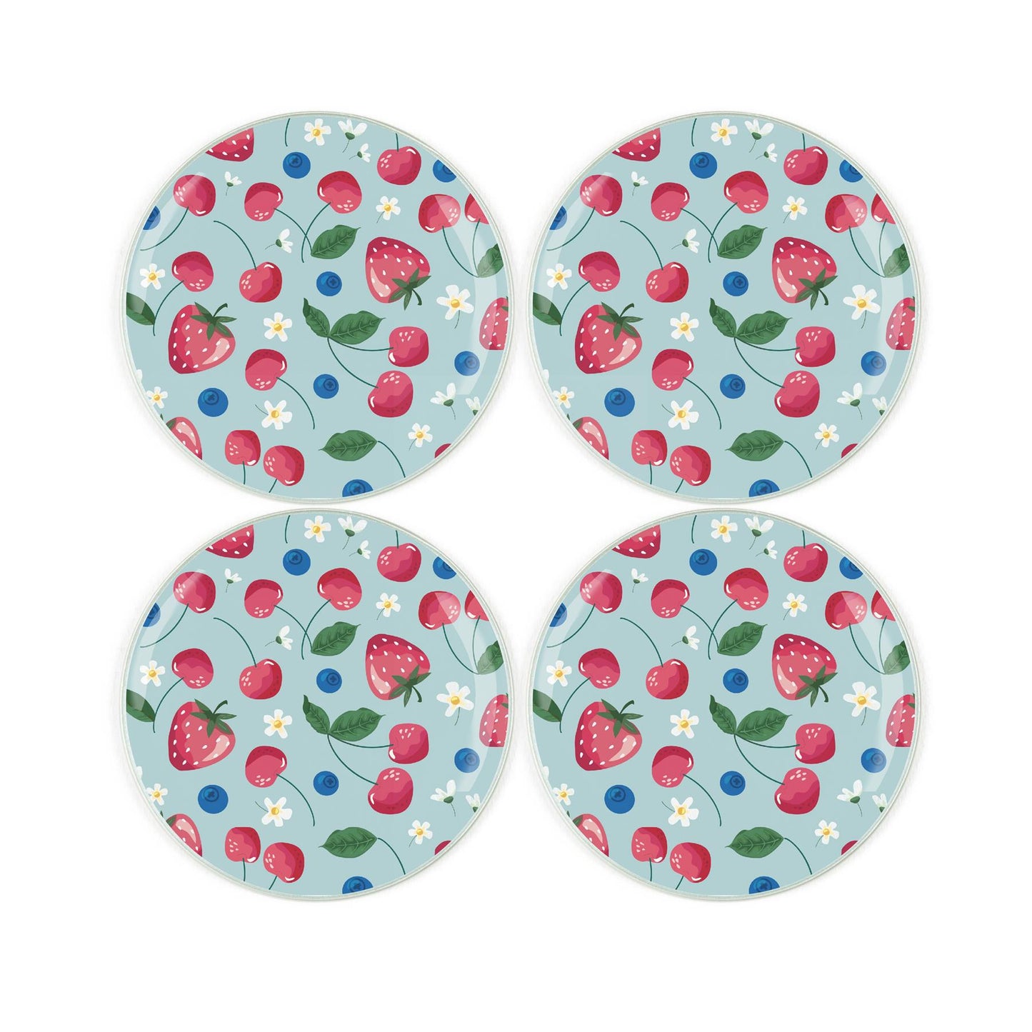 Light blue glass coasters featuring strawberry blueberry and flowers pattern