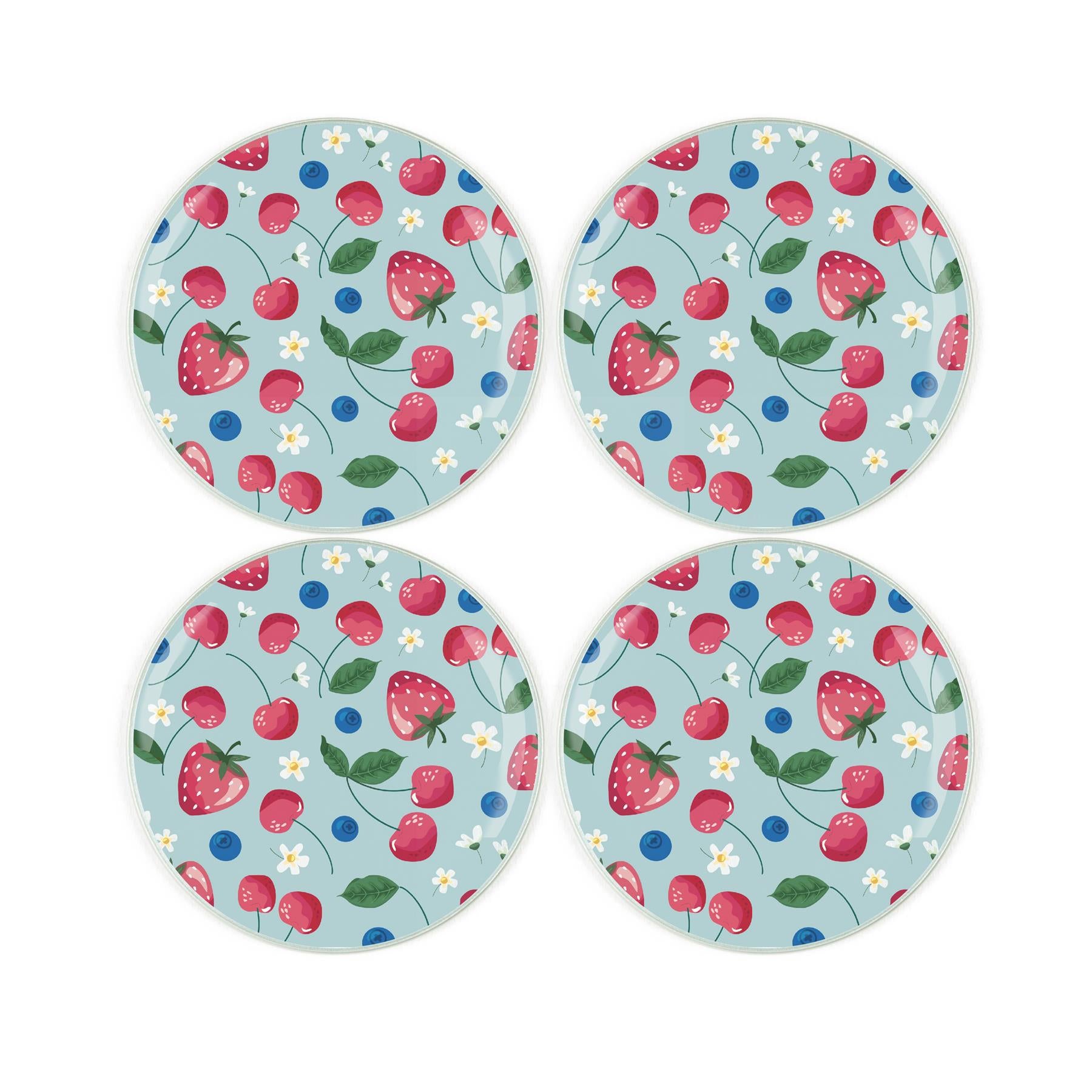 Light blue glass coasters featuring strawberry blueberry and flowers pattern