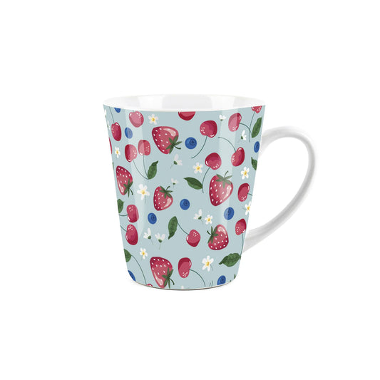 Small white latte mug with stawberries & blueberries design
