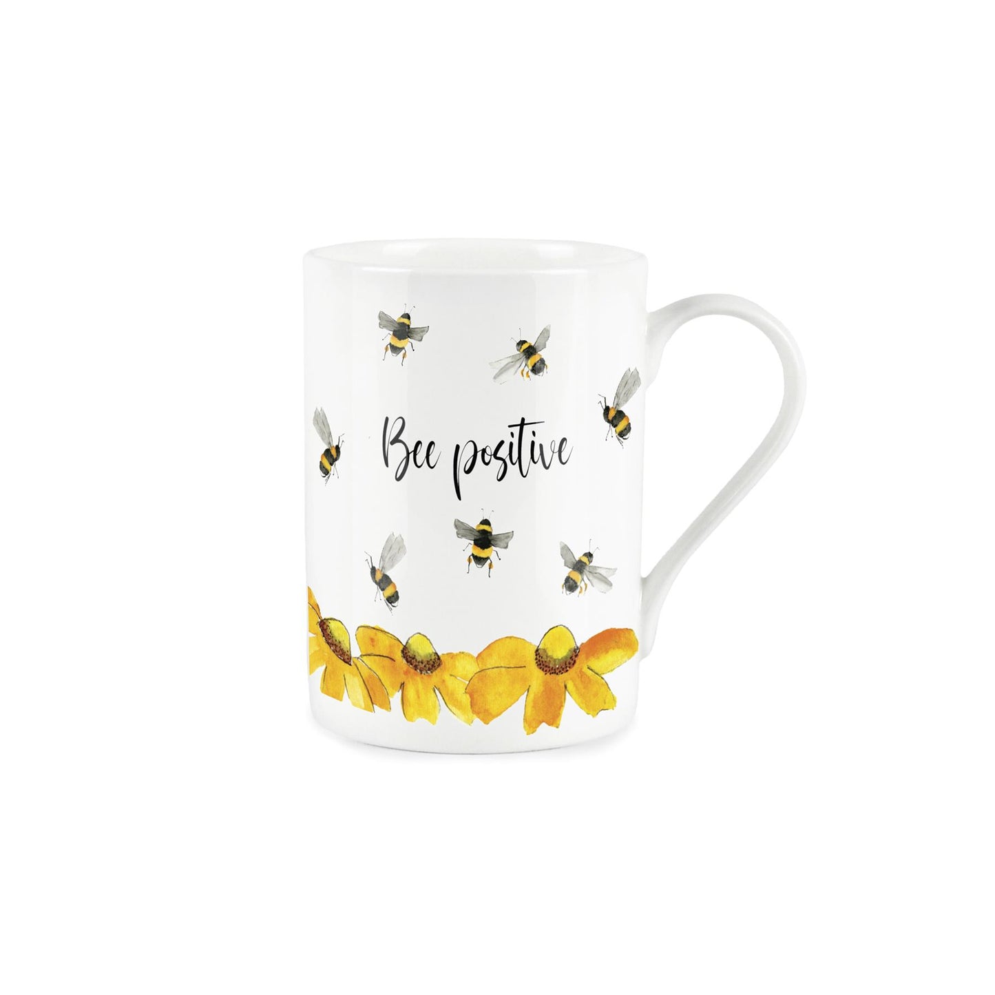 Watercolour depiction of bees hovering over yellow flowers accompanied with pun text; 'Bee Positive'