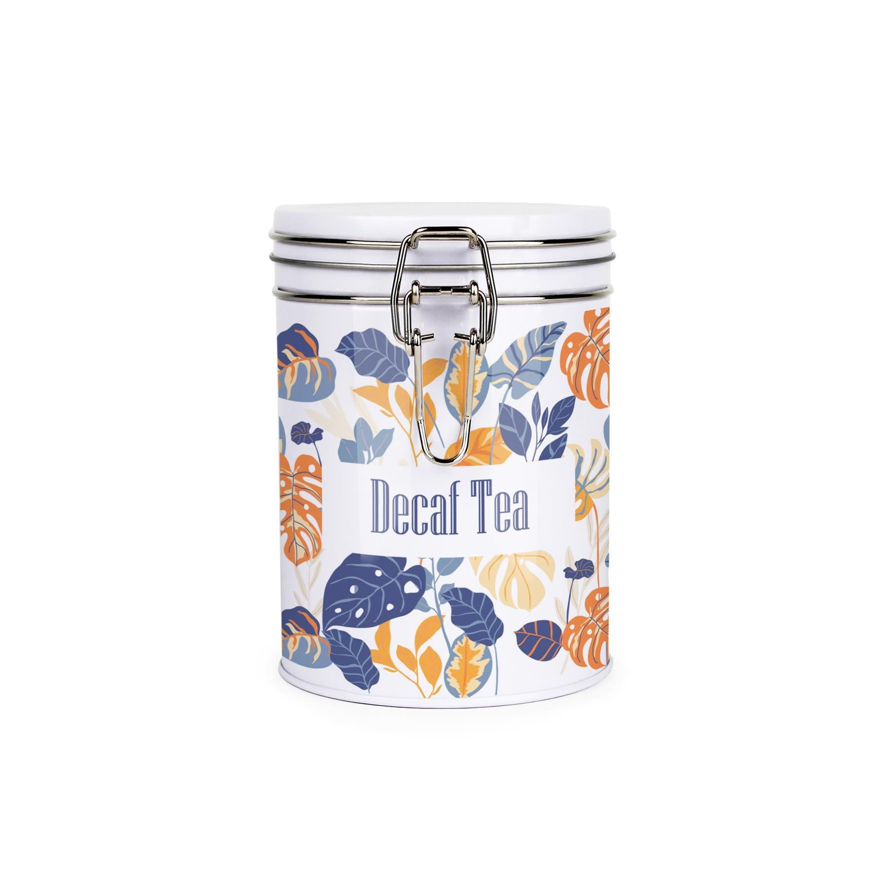 Metal canister with metal clip and lid featuring a bright, tropical leaves pattern in orange, cream, and blue shades and decaf tea text