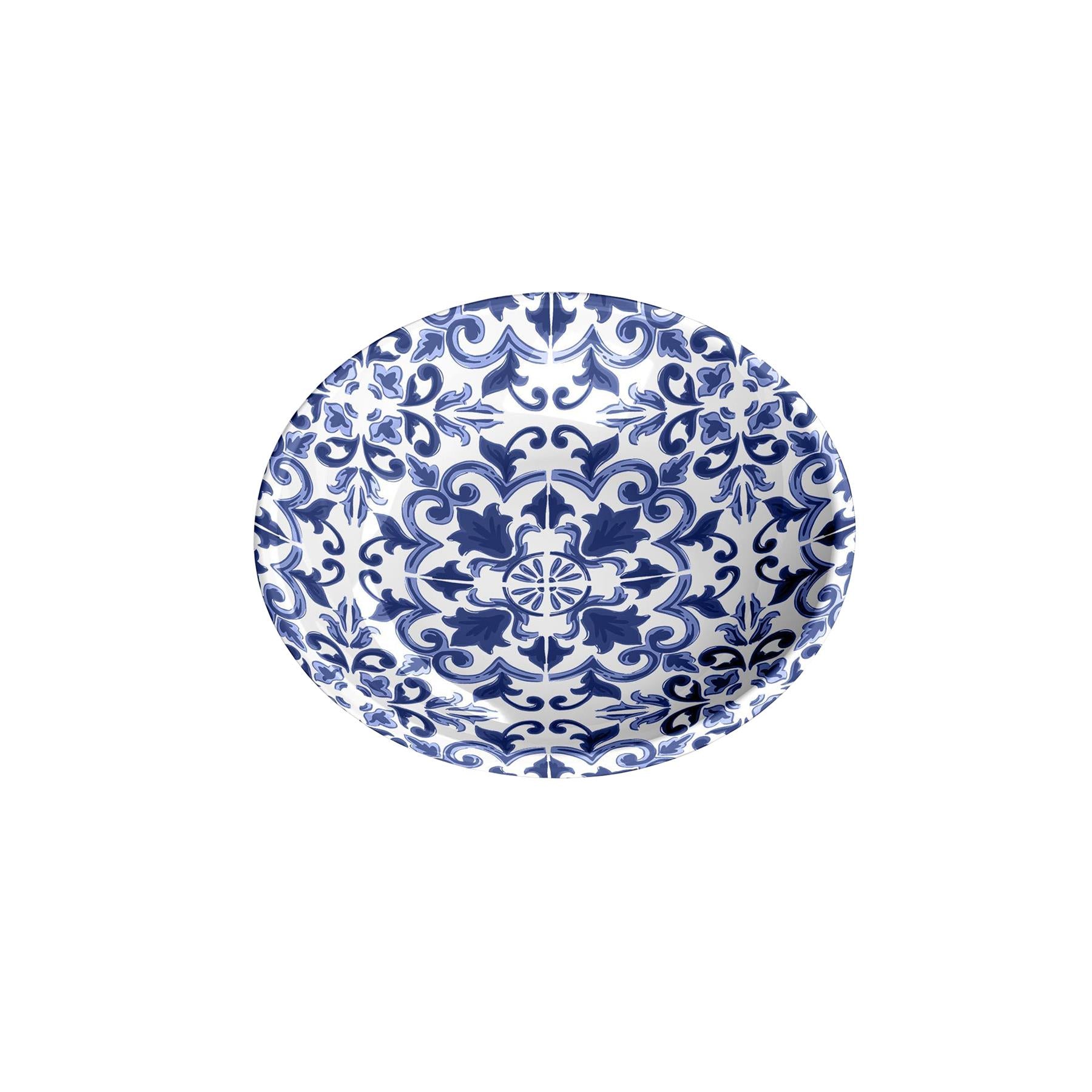 Lightweight melamine saucer with white and indigo Mediterranean-themed print. Dishwasher safe, break resistant, with non-skid silicone base.