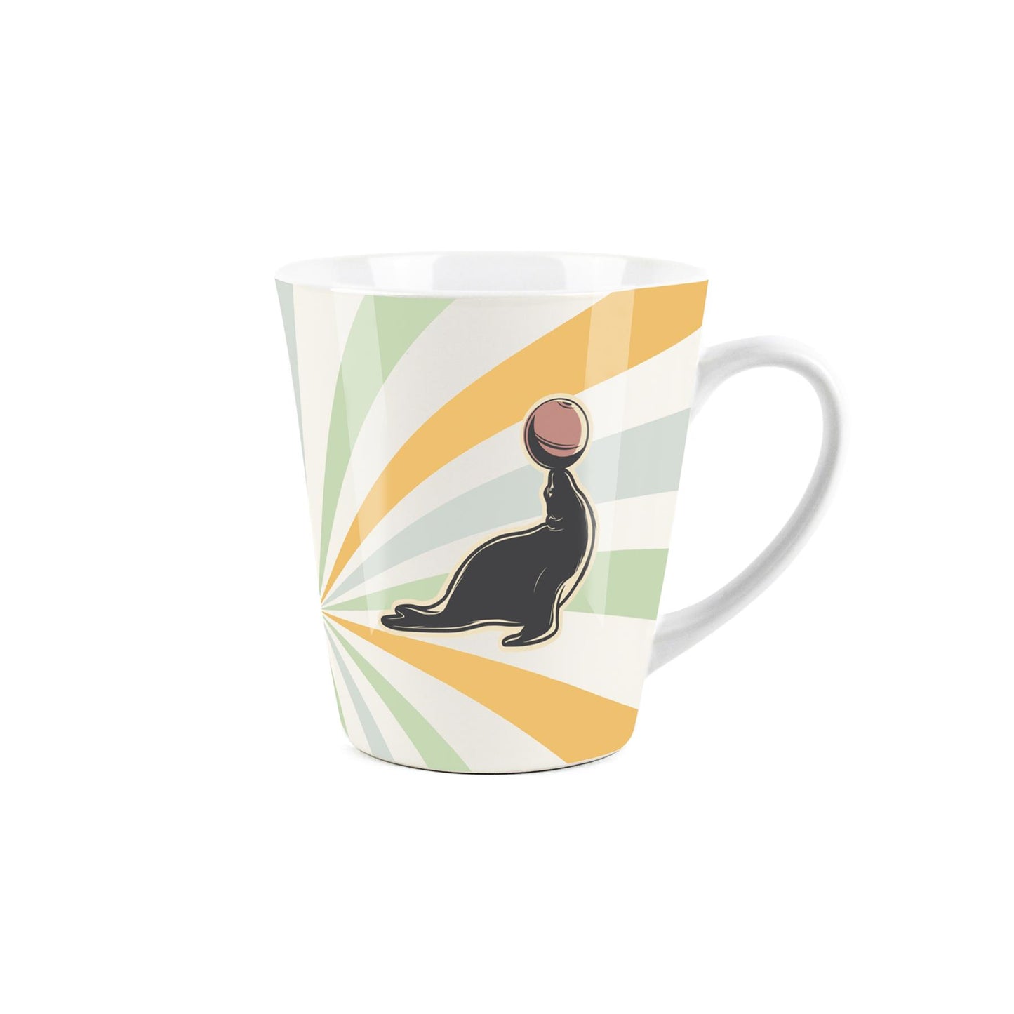 Small white latte mug featuring a vintage circus design