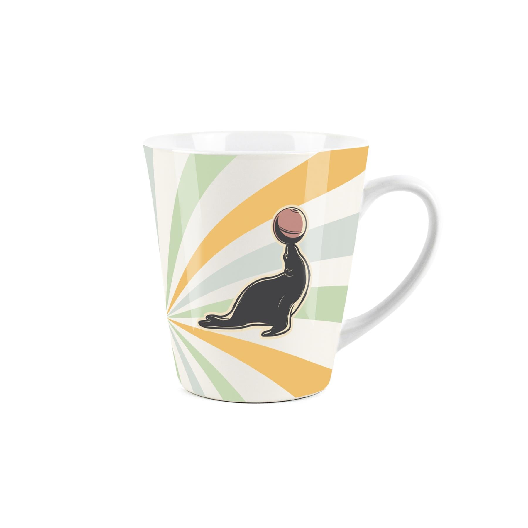 Small white latte mug featuring a vintage circus design