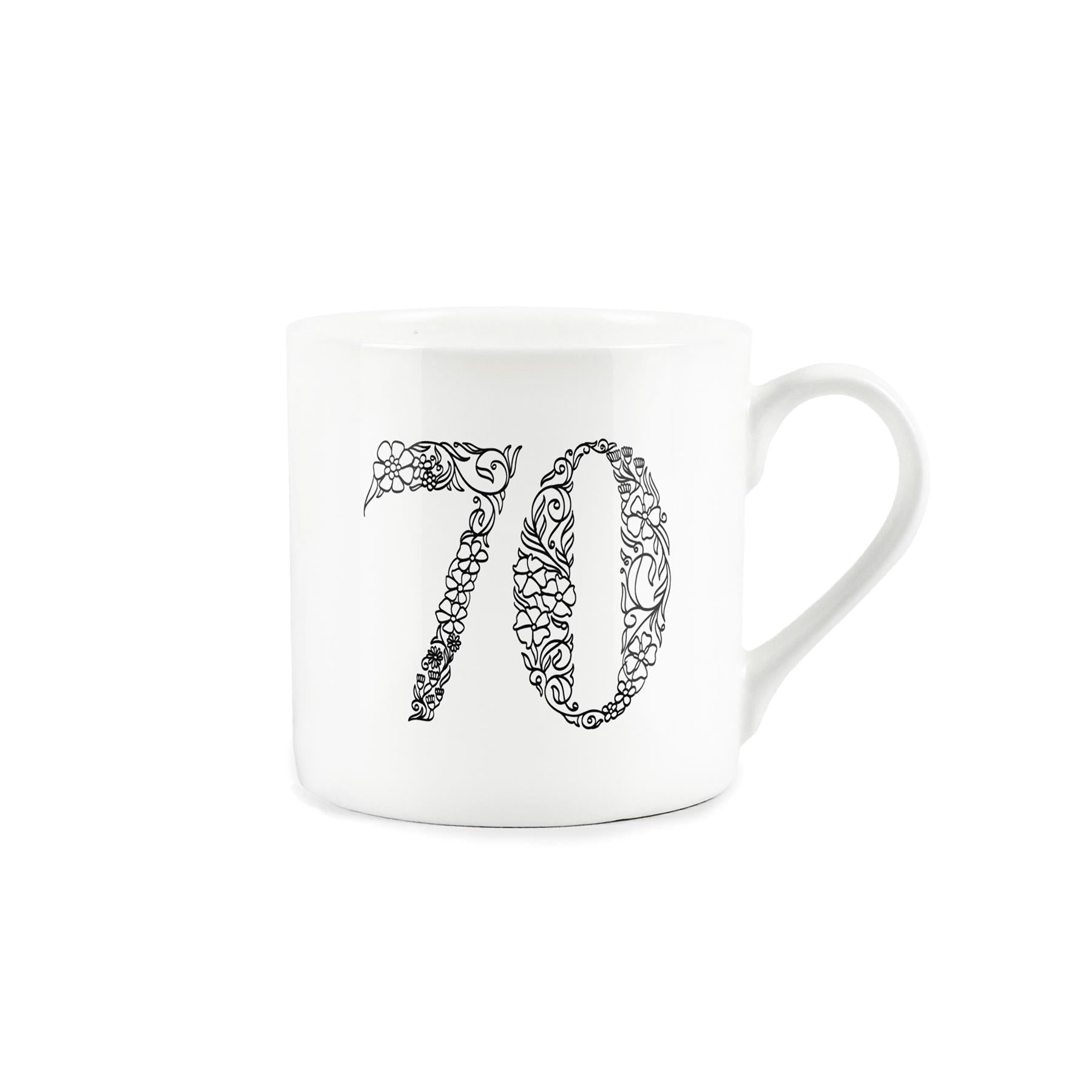 White bone china mug featuring number 70 in black floral line drawing
