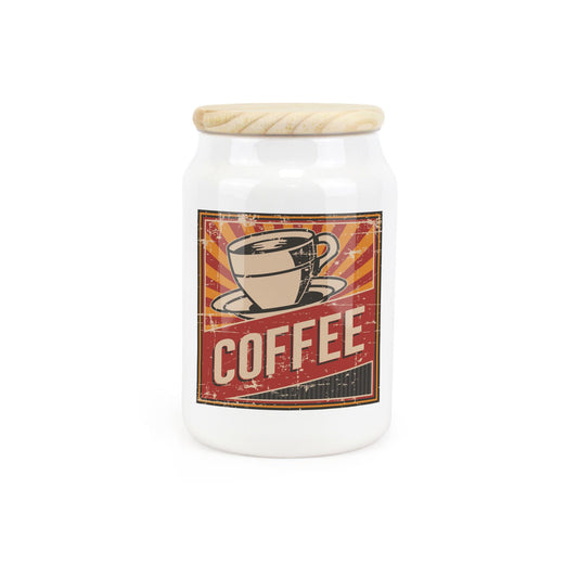 White ceramic canister featuring 1950's inspired retro print design.