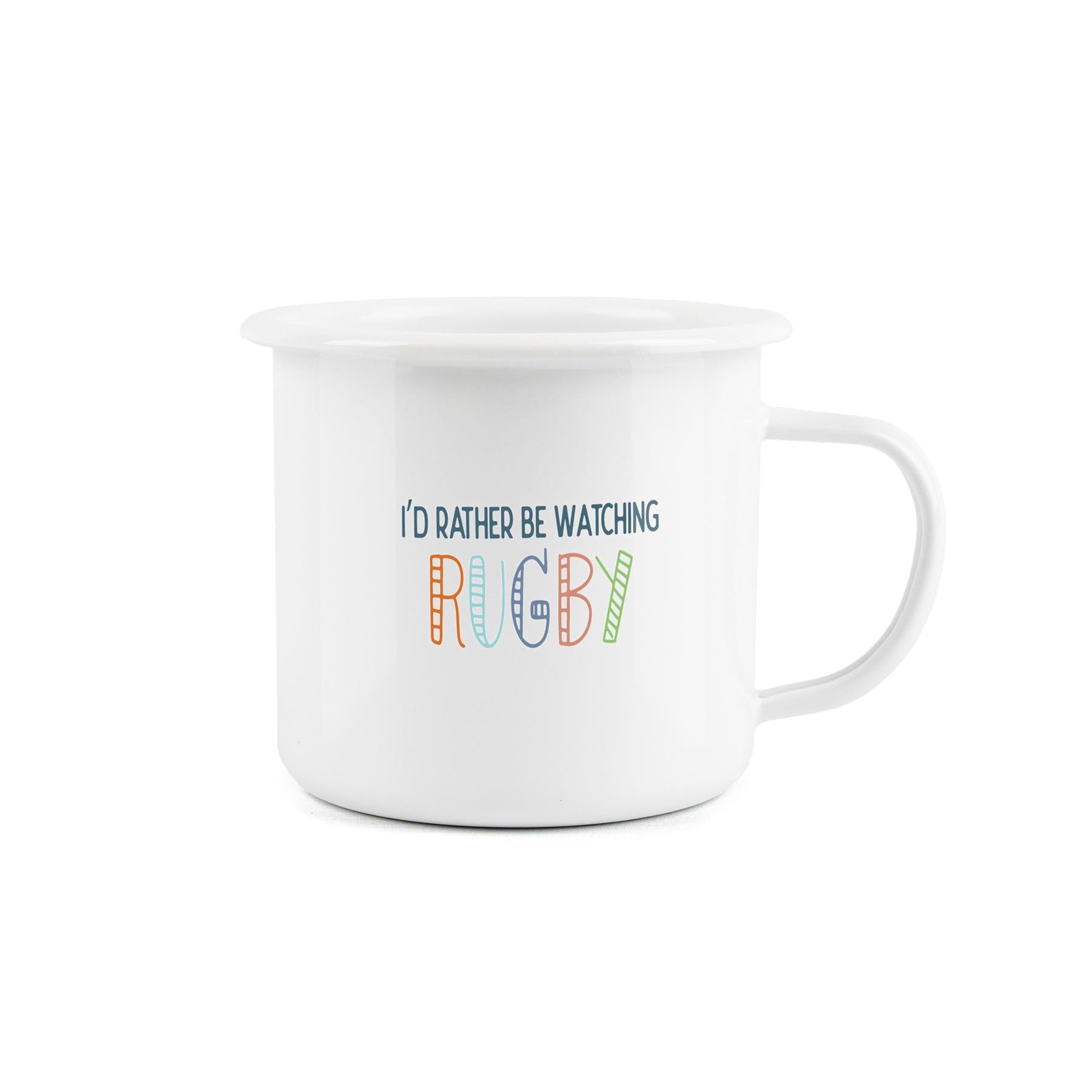 Fun novelty mug expressing a desire to watch rugby, perfect for outdoor activities.