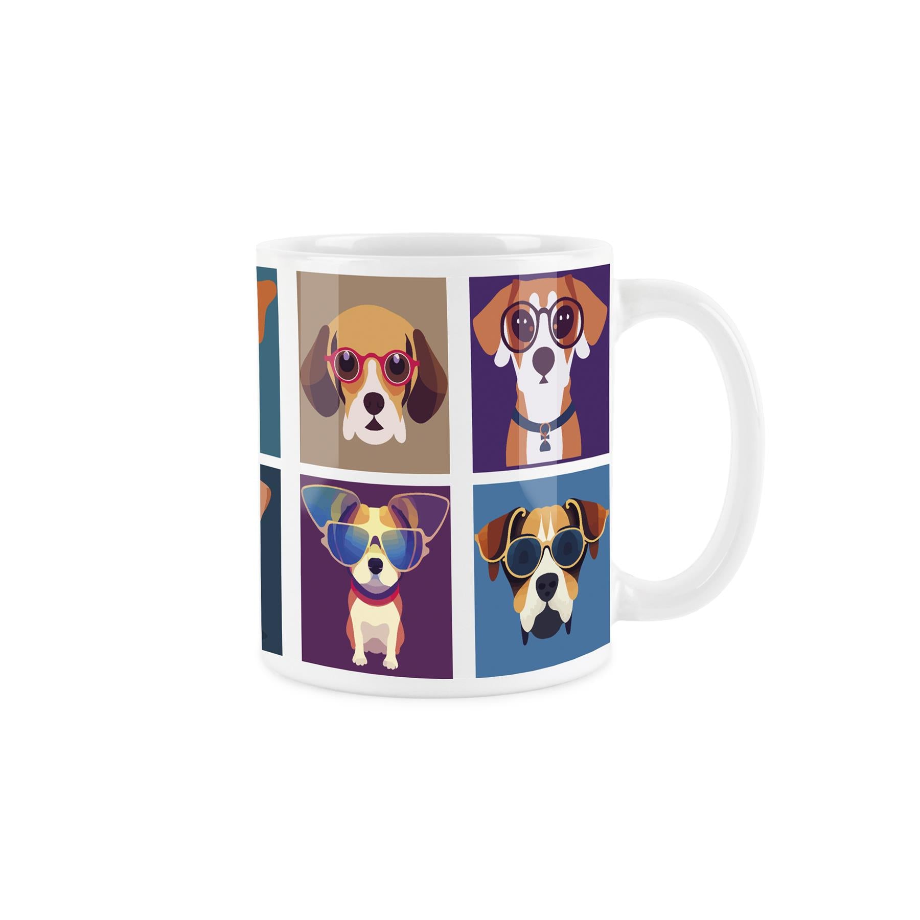 White ceramic mug with popart style depiction of colour dogs