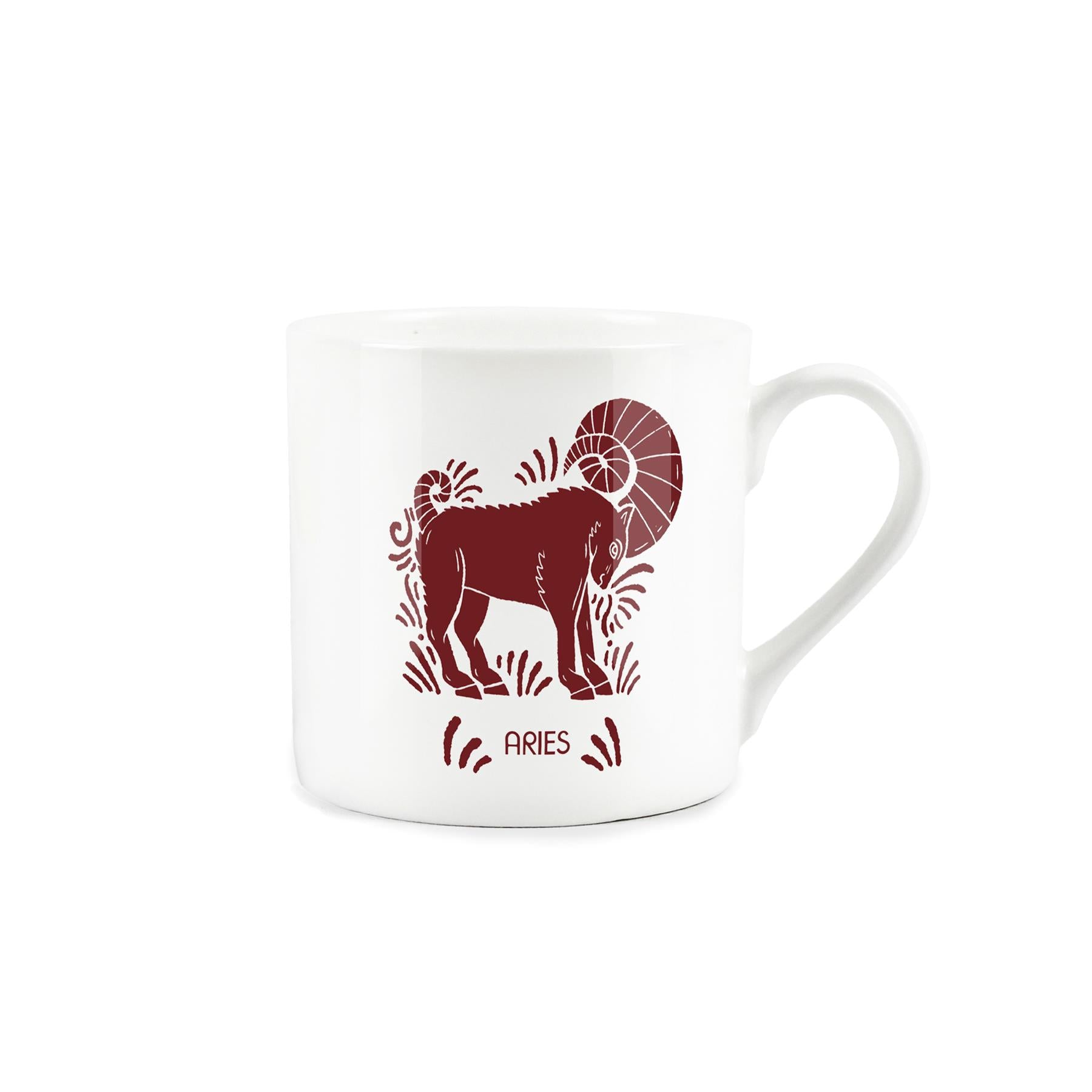 Colourful burgundy star sign artwork: aries presented on a bone china mug