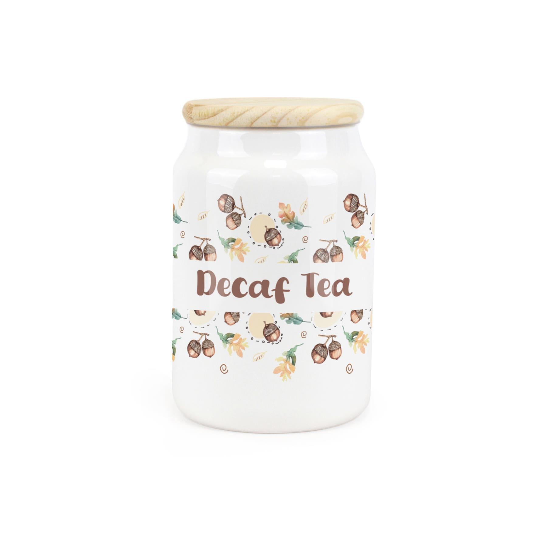 White ceramic canister with a retro 1950s print featuring a decaf tea design.
