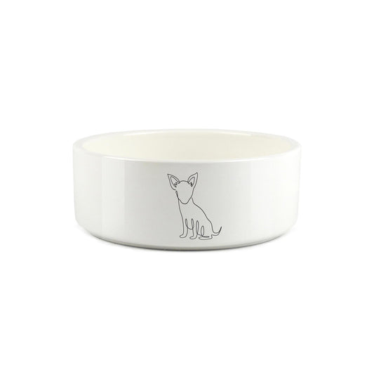 Minimalist line drawing of chihuahua on white ceramic pet bowl