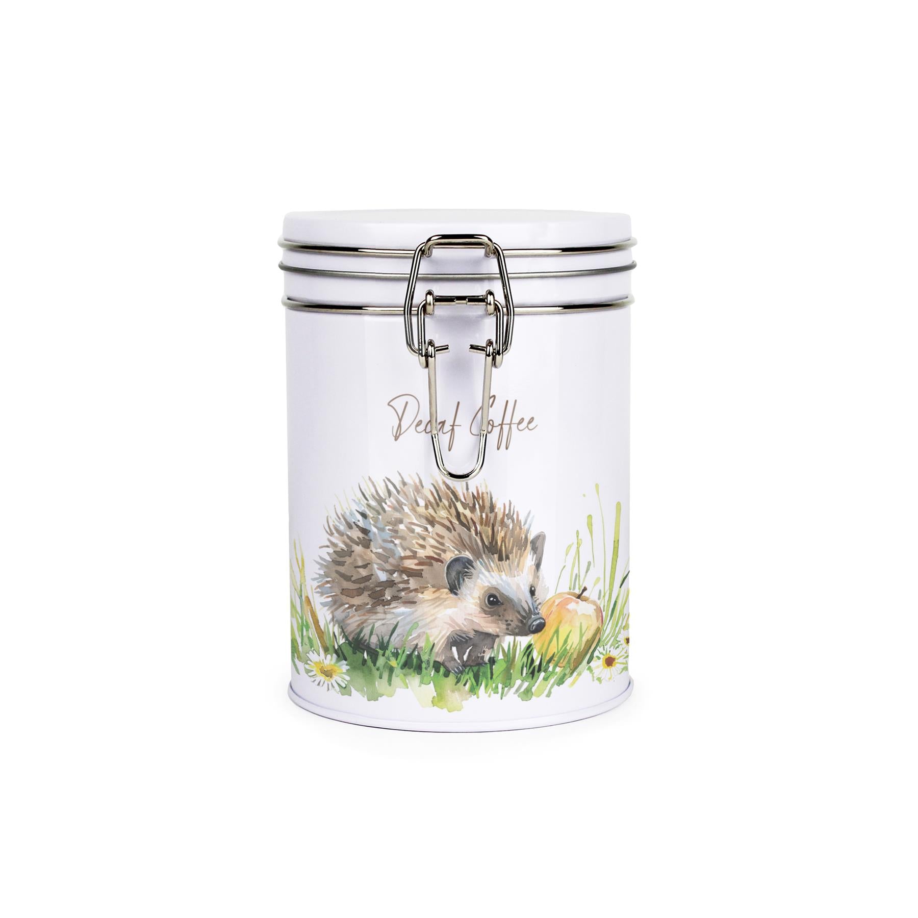 Metal storage canister with metal clip and lid featuring a hedgehog foraging among grass with a juicy apple and decaf coffee text