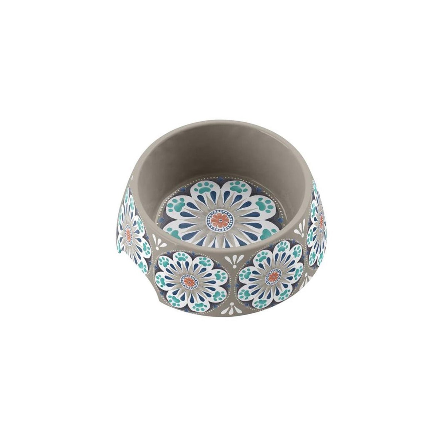 Lightweight melamine Carmel Medallion bowl with grey, navy, and teal flower design.