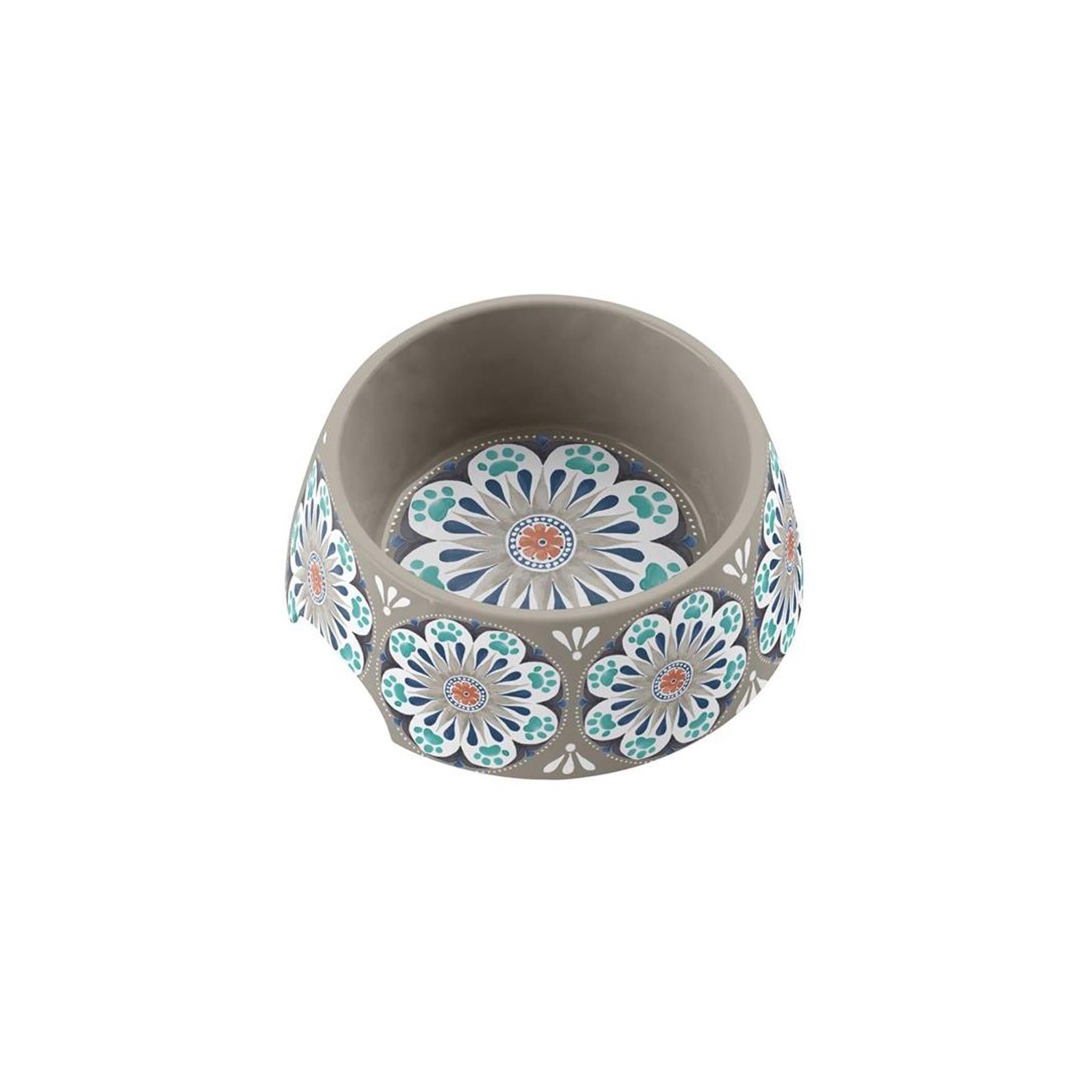 Lightweight melamine Carmel Medallion bowl with grey, navy, and teal flower design.