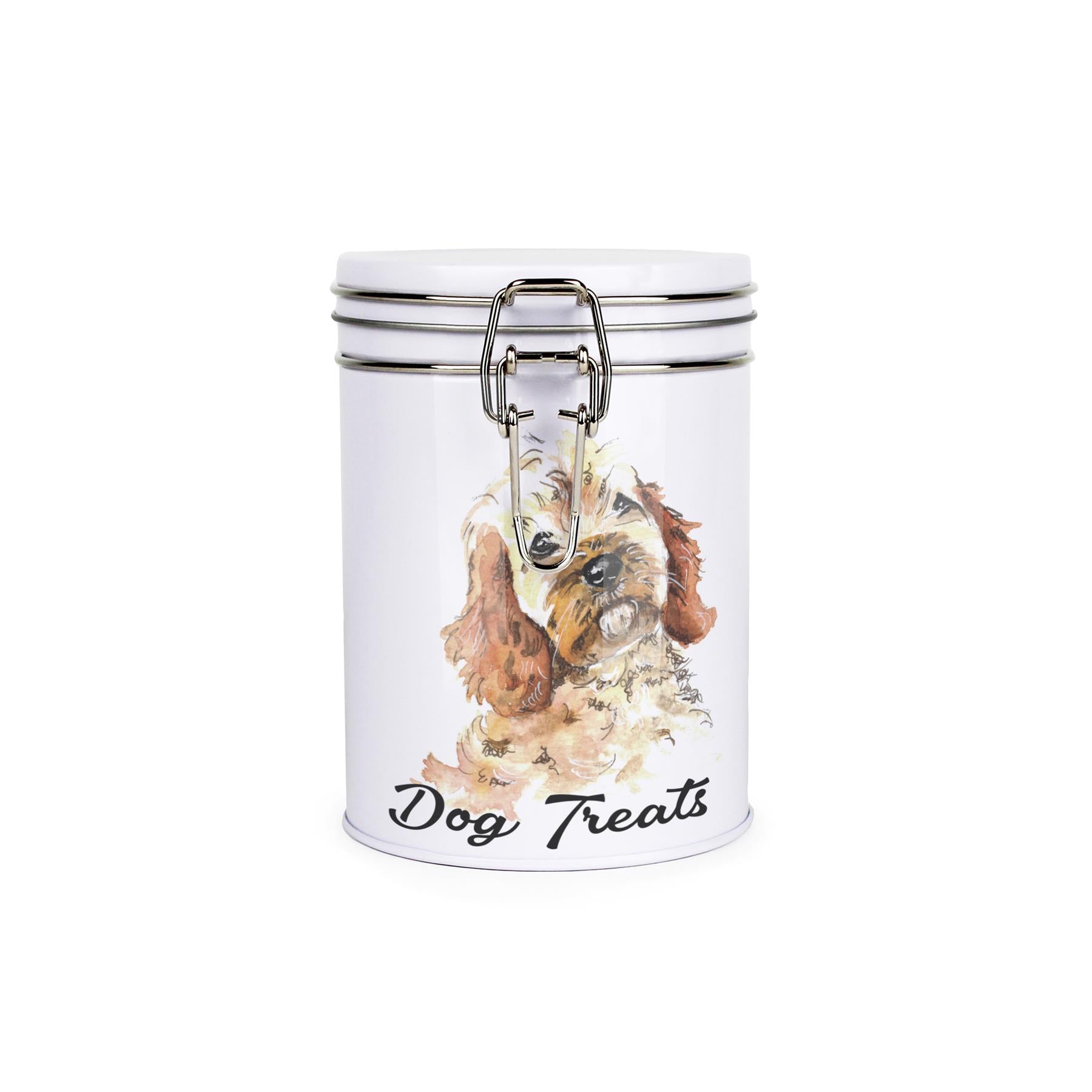 White tinplate canister with metal clip and lid featuring the face of a Cockapoo with the caption 'Dog Treats'
