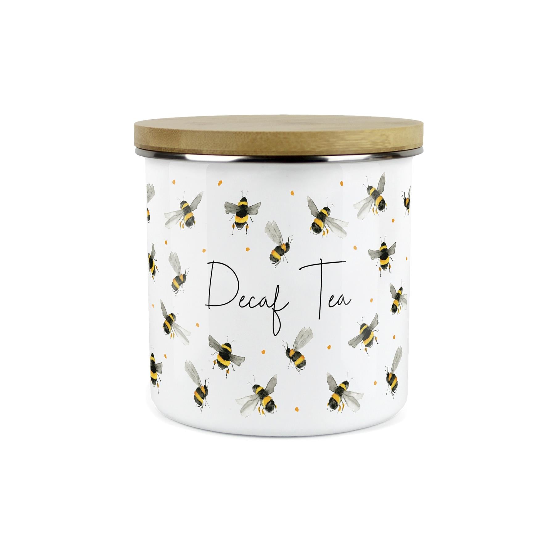 Decaf Tea Canister - Watercolour Bees Kitchen Airtight Enamel Storage Jar