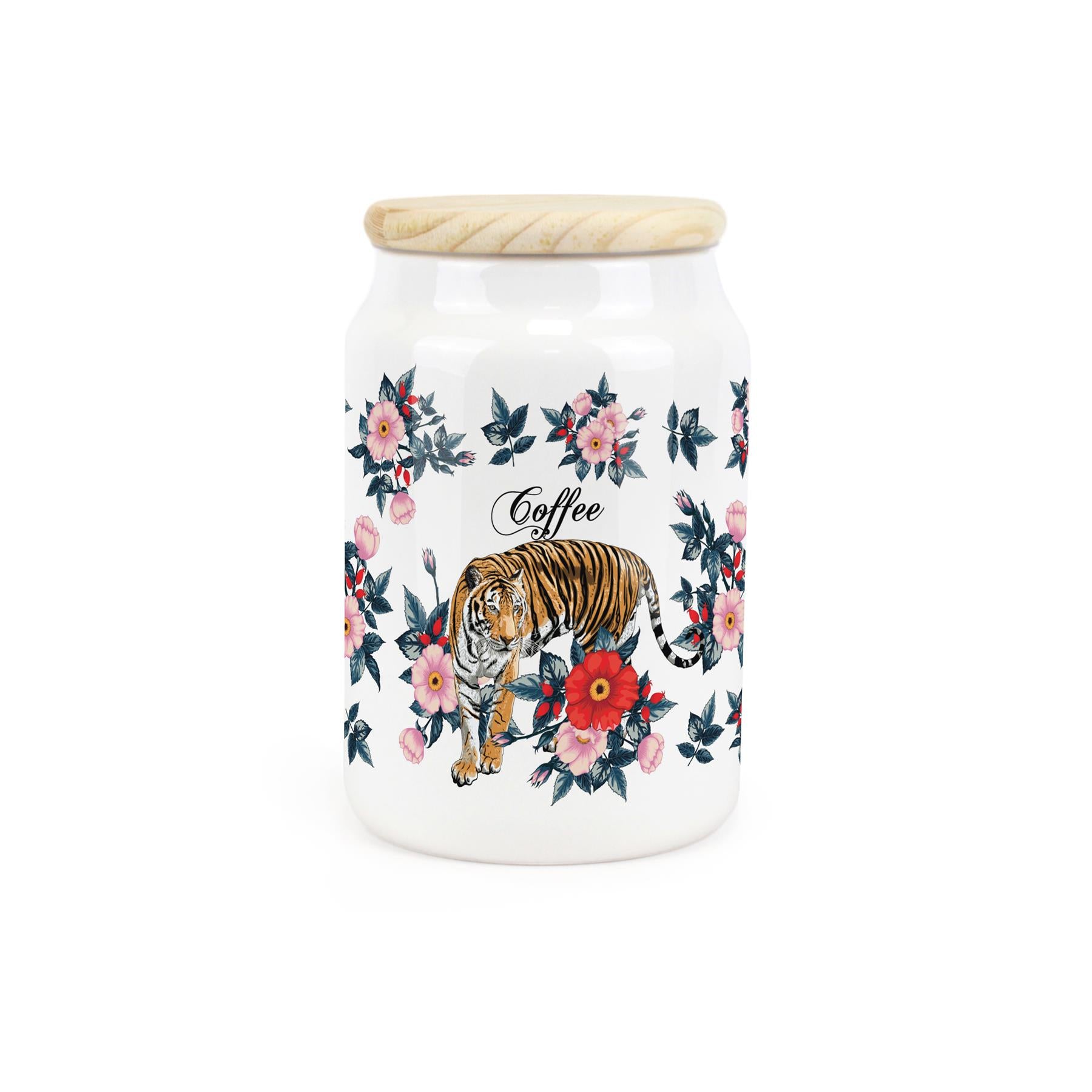 White ceramic canister featuring a prowling tiger amongst red and pink flowers.
