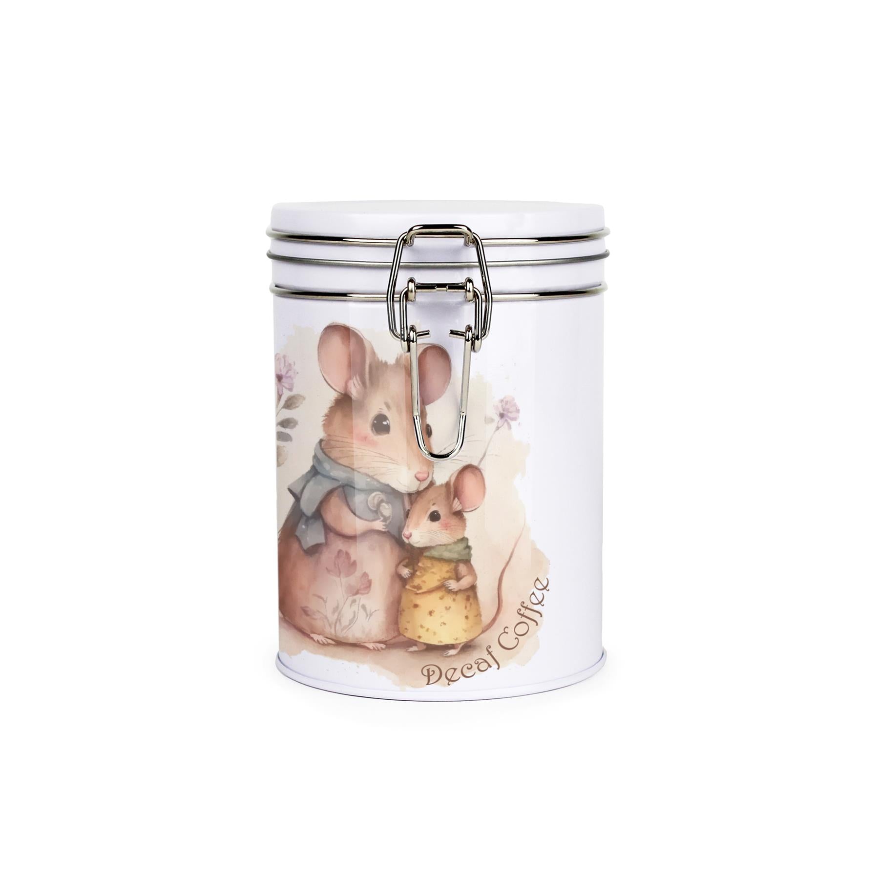 Tin Metal canister with Tin Metal clip and lid featuring an illustration of a mother mouse and her child and decaf coffee text