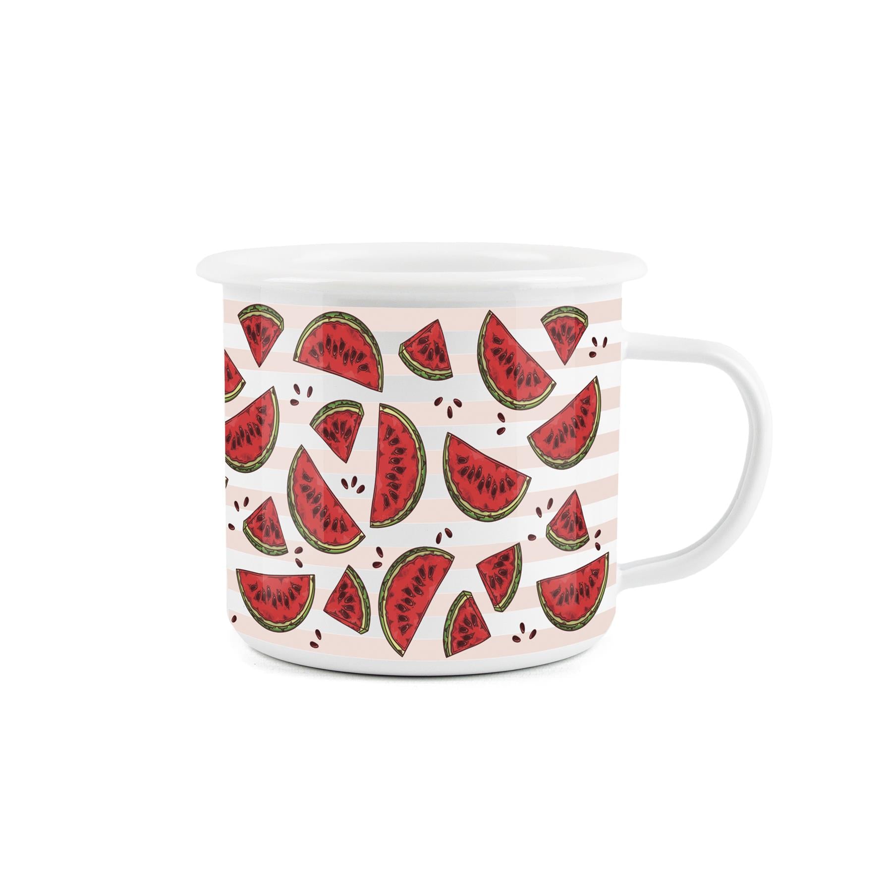 Enamel mug with a watermelon print, perfect for outdoor activities, festivals, and picnics.