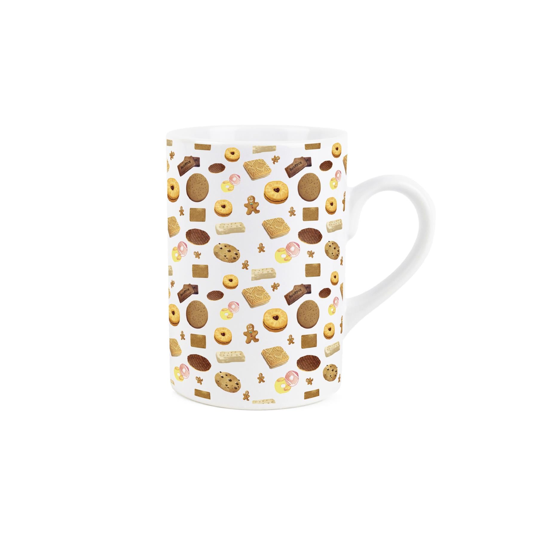 Novelty Ceramic mug with textured cookie print, featuring British biscuits, ideal for a tactile exploration.