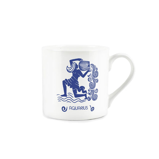 Vibrant blue aquarius star sign artwork presented on a bone china coffee mug