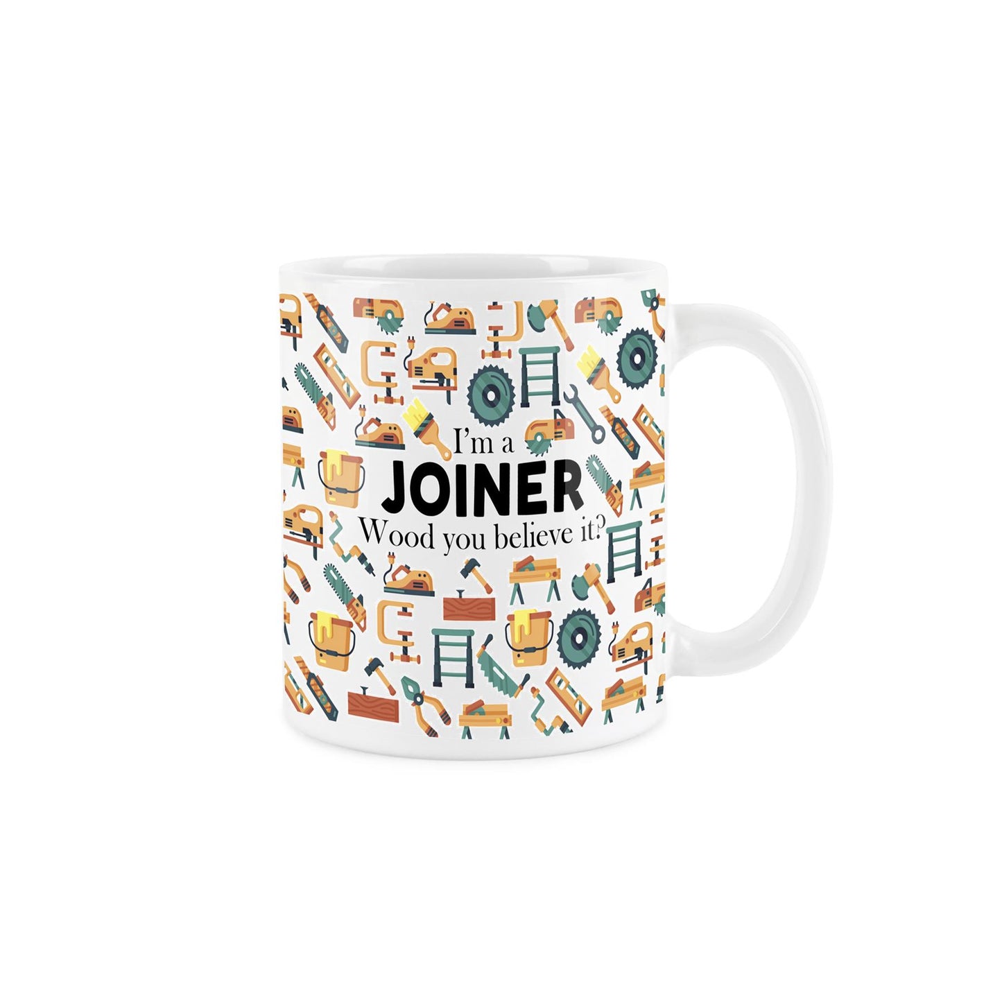 White ceramic mug with 'warehouse worker, I'm here to fork stuff up' pun surrounded by warehouse equipment pattern