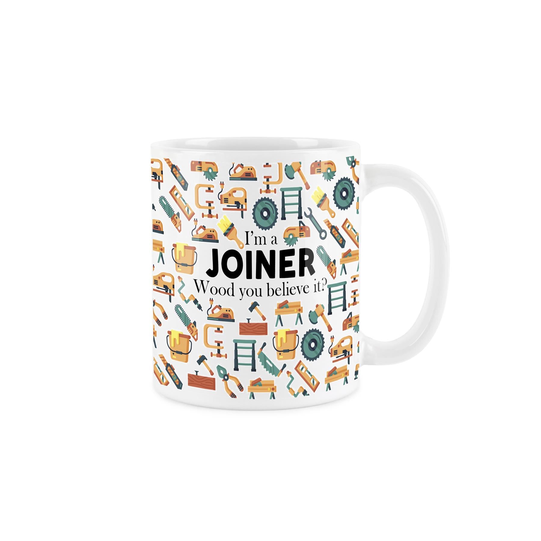White ceramic mug with 'warehouse worker, I'm here to fork stuff up' pun surrounded by warehouse equipment pattern