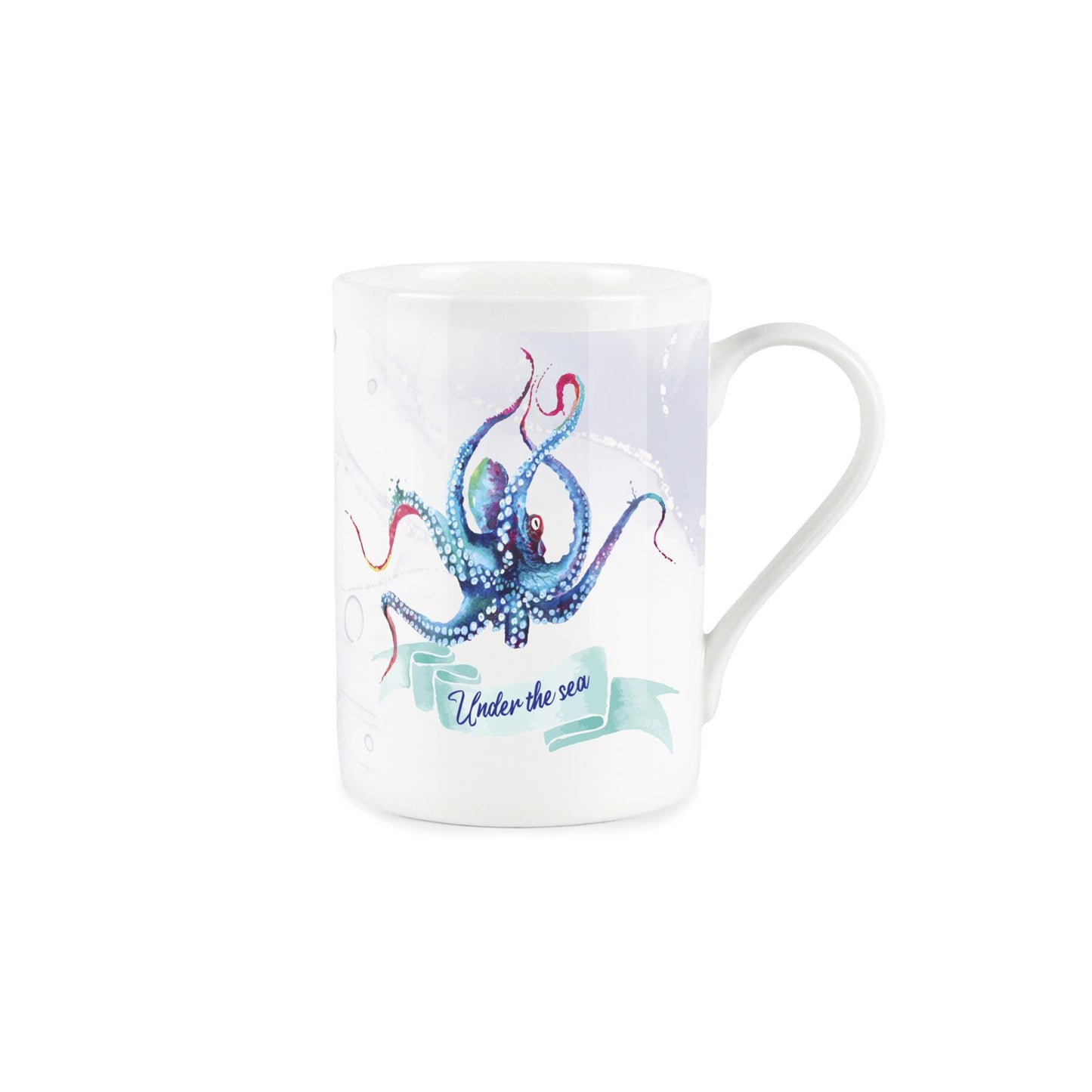 Under the sea' typography on a blue banner with vibrant painted depiction of octopus above on a white bone china mug