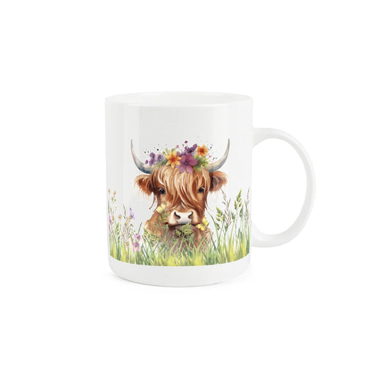 White bone china mug featuring adorable brown-haired highland cow design with a floral crown.