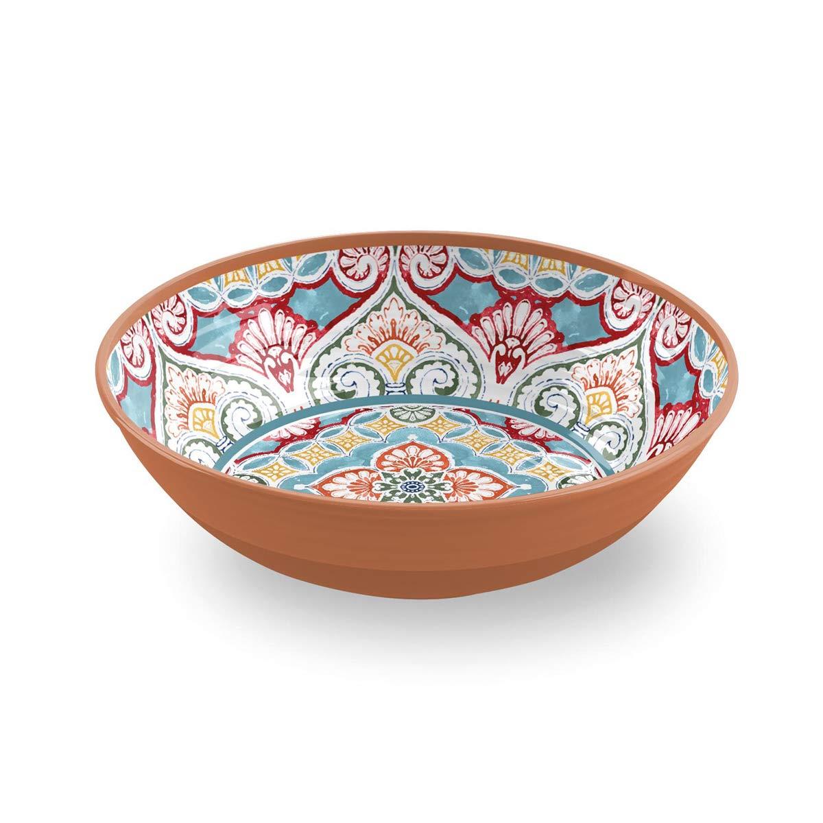 Melamine serving bowl with moroccan inspired design on interior and burnt orange exterior