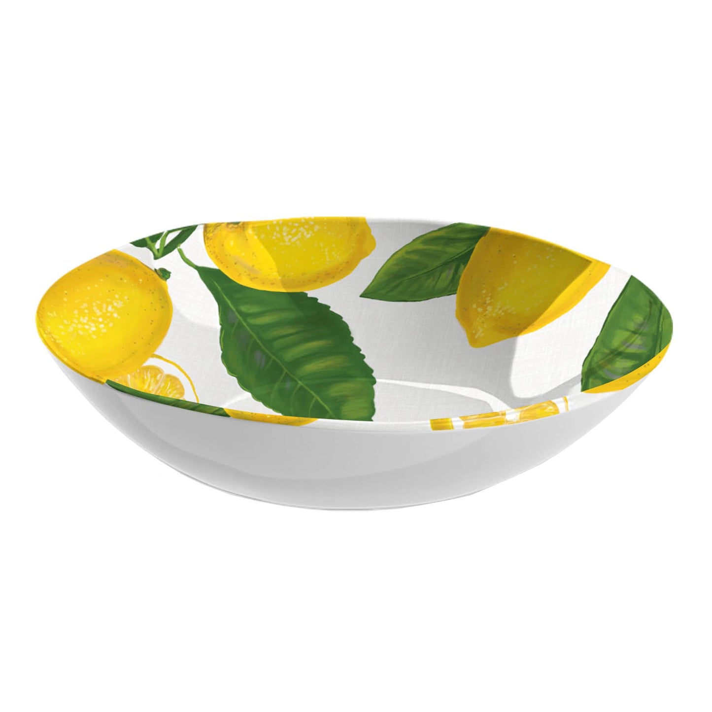 White melamine salad serving bowl with lemon and leaf design printed on interior of bowl