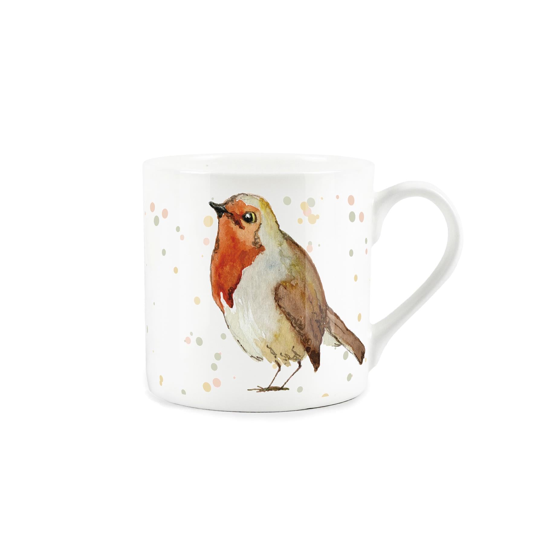 White bone china mug with a water colour robin design by artist, Rhiannon chauncey
