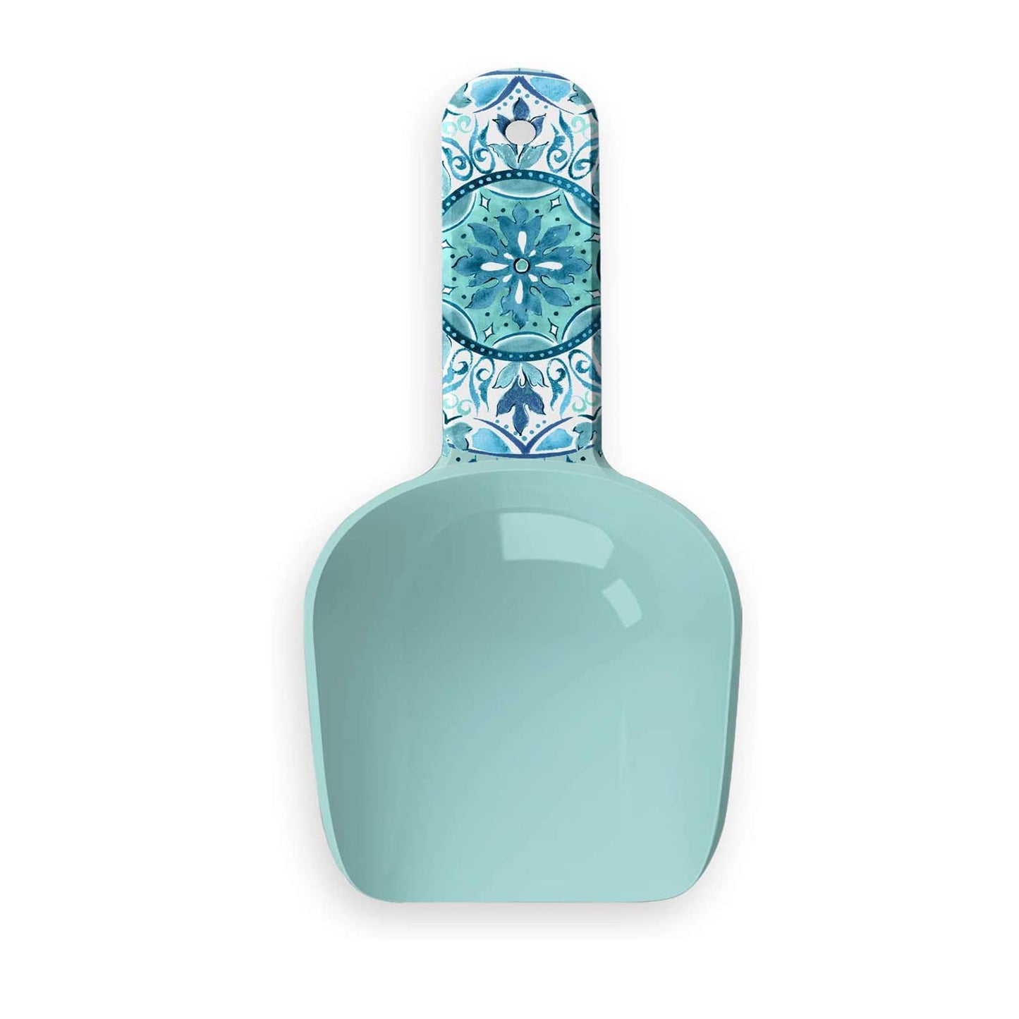 Gibraltar two-cup pet scoop with blue and teal floral design.