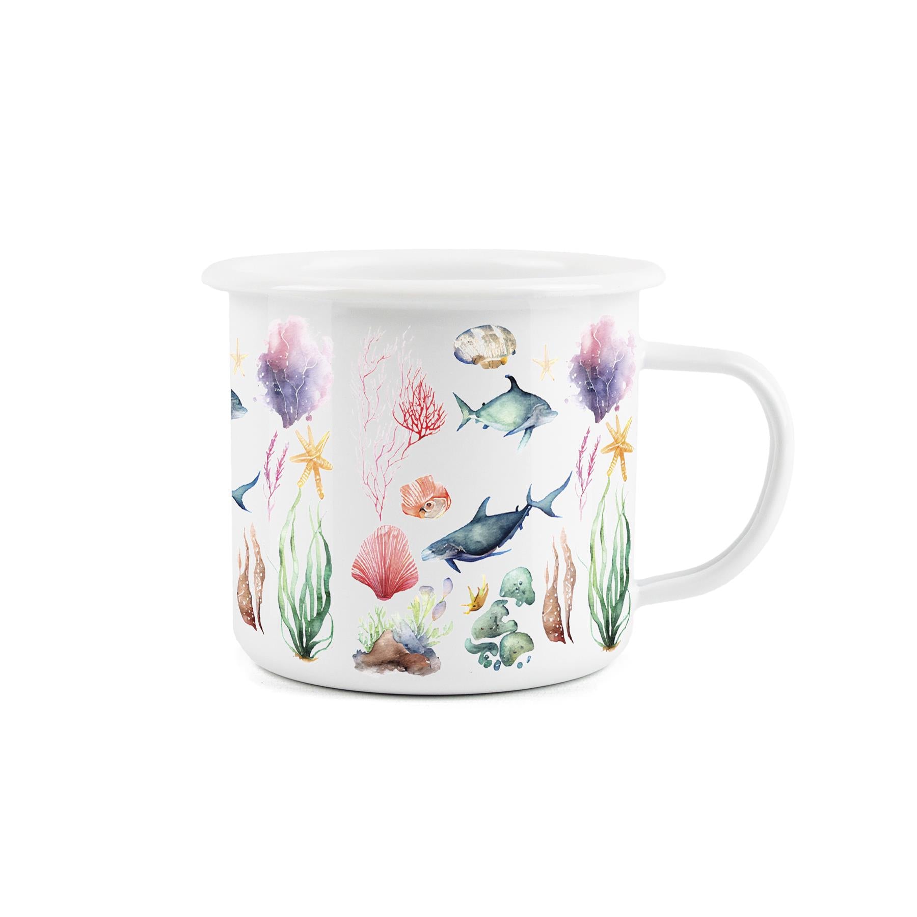 Sealife enamel mug for outdoor adventures, showcasing a medley of marine life for sea lovers.