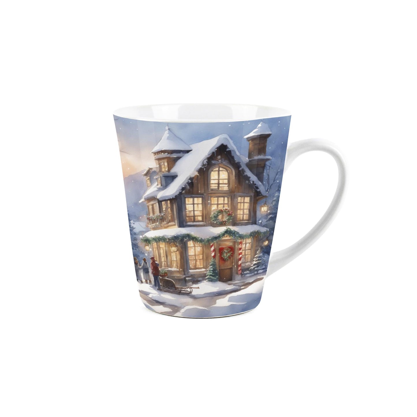 Small white latte mug with christmas house design