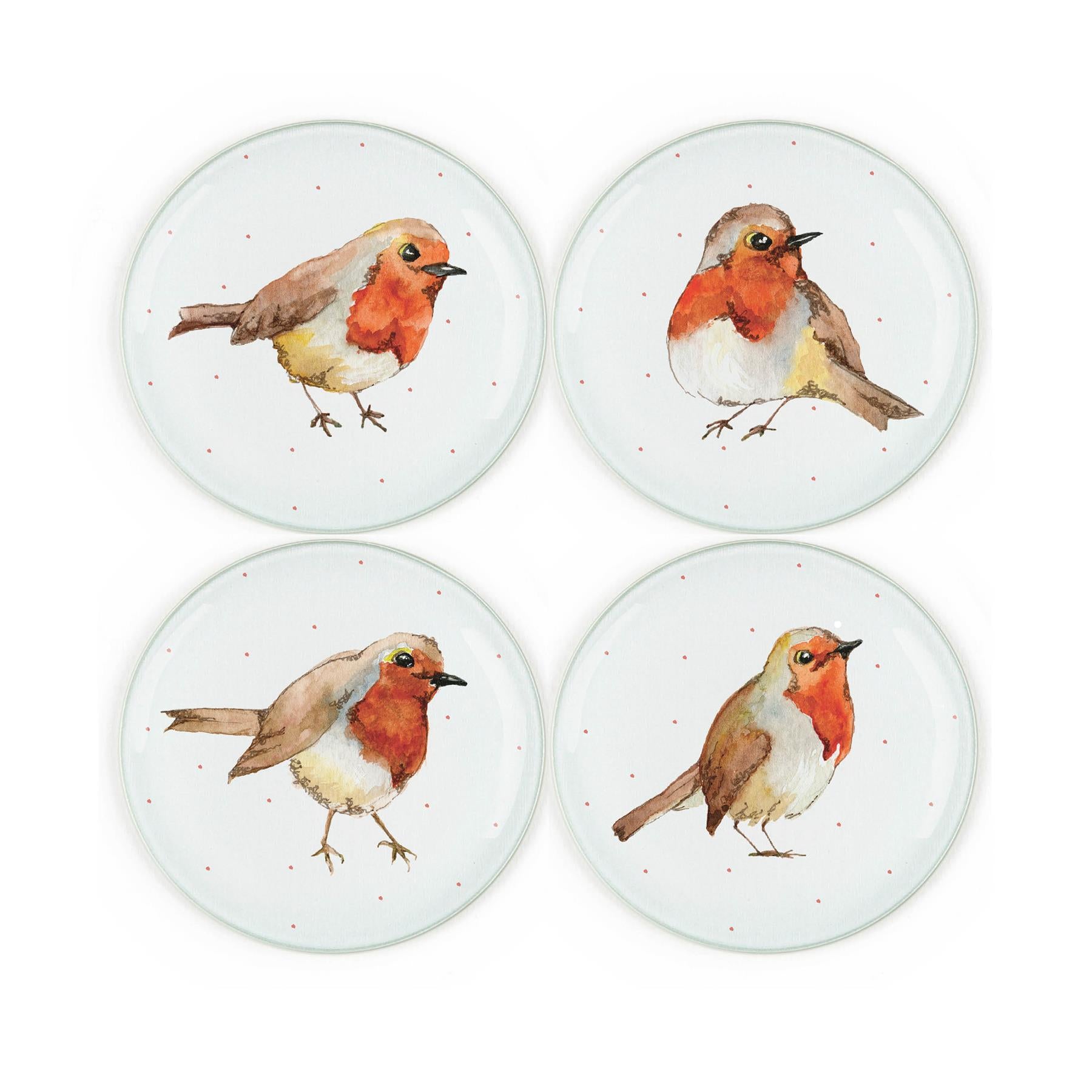 Four round tempered glass coasters featuring watercolour robins and red dot pattern