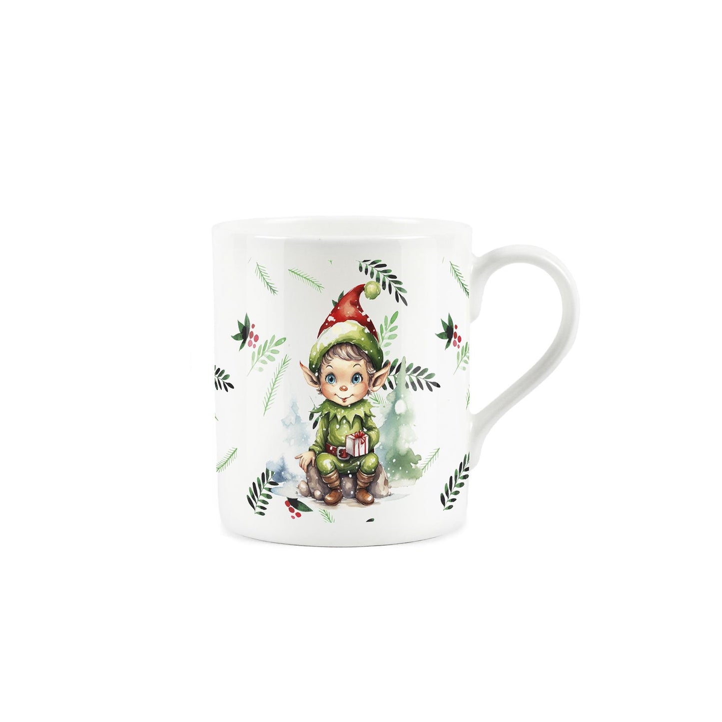 Cute cartoon christmas elf surrounded by festive leaves on white mug