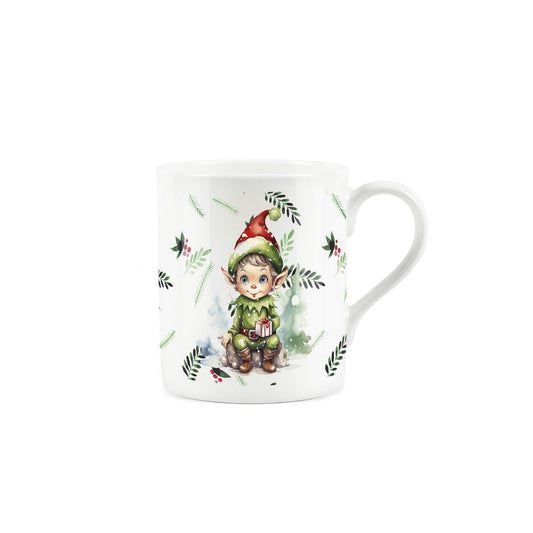 Cute cartoon christmas elf surrounded by festive leaves on white mug
